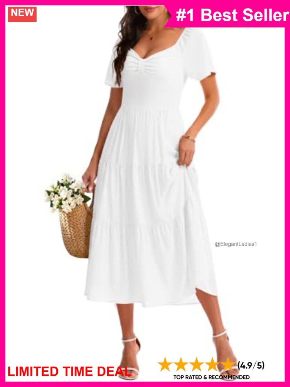 Chiffon Smocked Back A-Line Midi Dress Flutter Sleeve Summer Wedding Guest